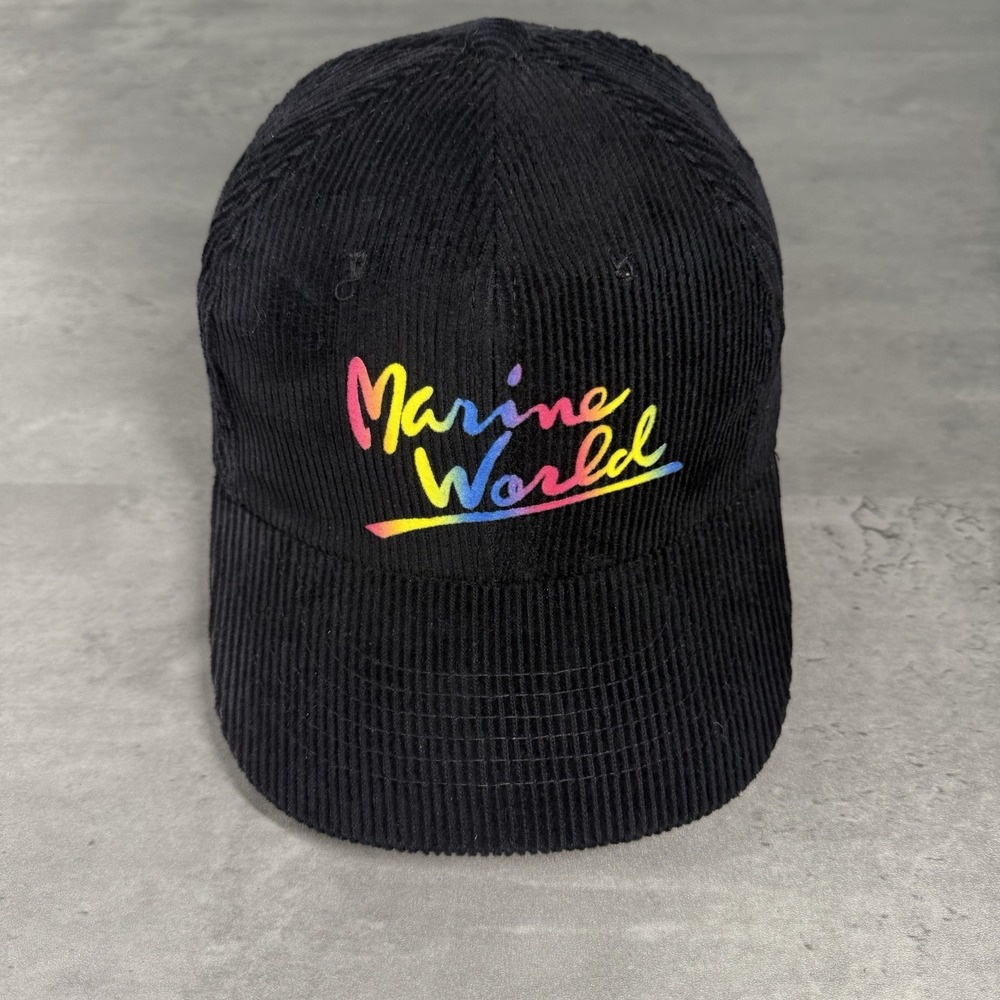 Vintage Marine World Snapback Hat Black Neon Pink Corduroy Trucker Youngan Cap